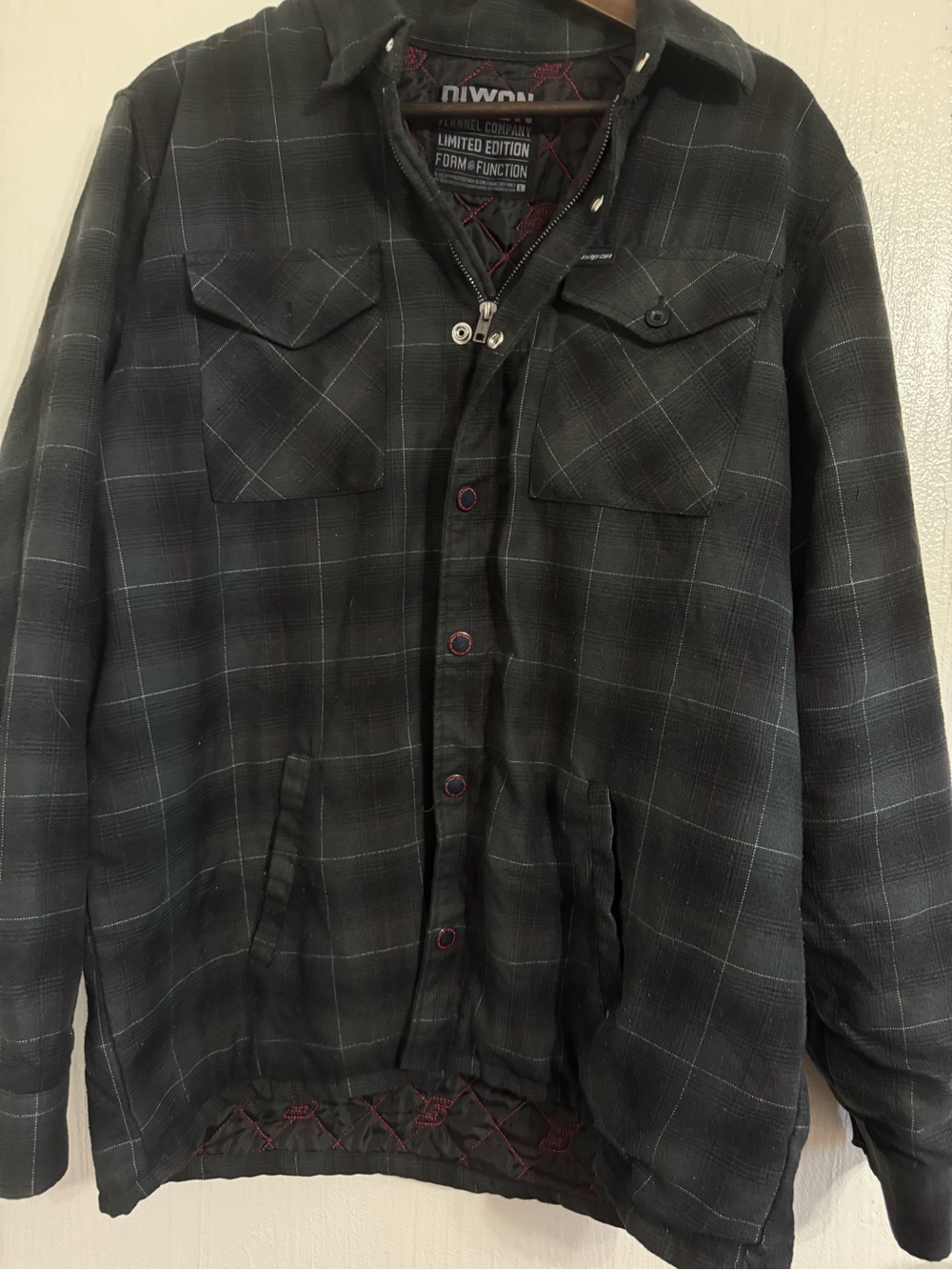 Dixxon Flannel Quilted Lined Shirt Jacket Mens Large Black Plaid Shacket Snap - Picture 2 of 12